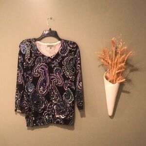 Joseph A. Small Black, Blue, Purple, White Button Front Cardigan 3/4 Sleeve. EUC